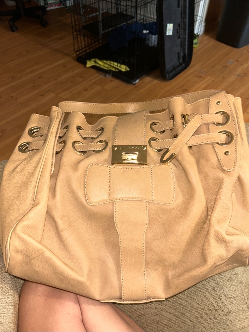 Jimmy Choo Beige Drawstring Shoulder Bag with Gold Hardware